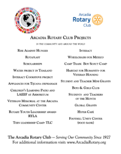 Arcadia Rotary Club Projects they support on a flyer